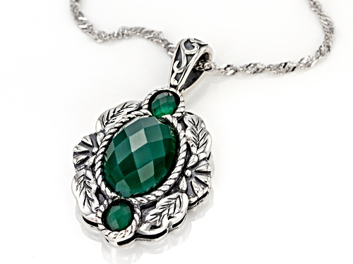 14x10mm and 5x4mm Oval Criss-Cross Cut Green Onyx Sterling Silver Pendant with Chain
