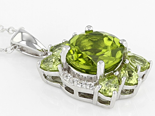 3.42ctw Mixed Shape Manchurian Peridot™ & .07ctw Zircon Rhodium Over Silver Pendant W/ Chain