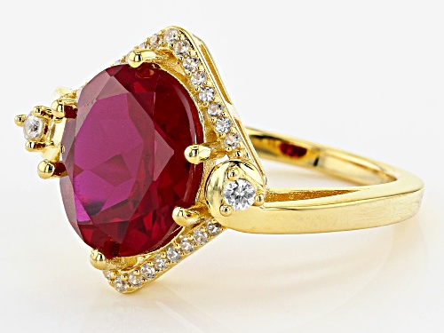 5.61ct Oval Lab Created Ruby & .20ctw Round White Zircon 18k Yellow Gold Over Silver Ring - Size 8