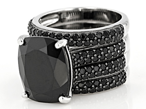 11.16CTW CUSHION AND ROUND BLACK SPINEL RHODIUM OVER STERLING SILVER RING WITH TWO BANDS SET - Size 6