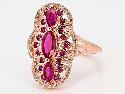 1.15ctw Marquise & Round Lab Created Ruby, .17ctw Zircon 18k Rose Gold Over Silver Ring - Size 7