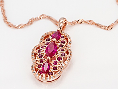 1.22ctw Lab Created Ruby, .17ctw Zircon 18k Rose Gold Over Silver Pendant With Chain