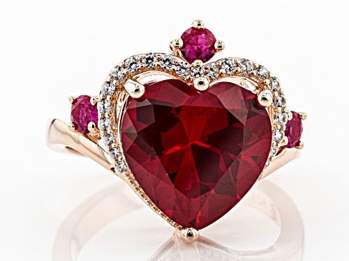 5.45ctw Heart Shape & Round Lab Created Ruby, .17ctw Zircon 18k Rose Gold Over Silver Ring - Size 8
