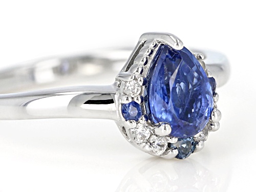 .76ct pear shape kyanite with .14ctw round blue sapphire and white zircon rhodium over silver ring - Size 9