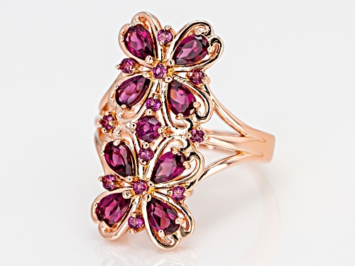 2.21ctw Pear Shape & Round Raspberry Color Rhodolite 18k Rose Gold Over Silver Ring - Size 7