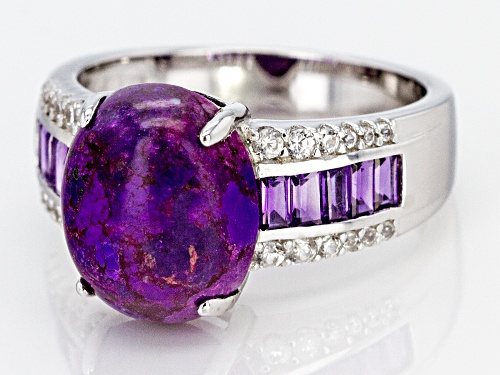 12x10mm oval purple turquoise with .51ctw amethyst and .28ctw white zircon rhodium over silver ring - Size 7