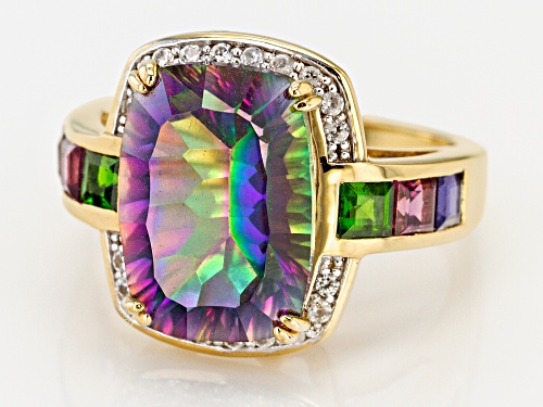 5.53ct Multi-Color Quartz with 1.07ctw Multi-Gemstone 18k Gold Over Sterling Silver Ring - Size 6