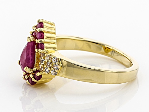 1.07ctw Pear Shape & Round Burmese Ruby W/ .26ctw Zircon 18k Yellow Gold Over Silver Ring - Size 9