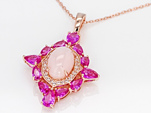 3.23ctw lab pink & white sapphire, 12X8mm Peruvian opal 18k rose gold over silver enhancer w/chain