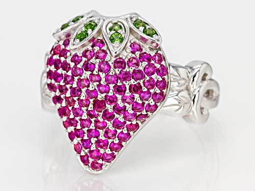 1.40ctw Lab Pink Sapphire and .12ctw Russian Chrome Diopside Rhodium Over Silver Strawberry Ring - Size 8