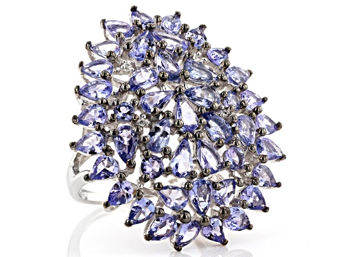 5.50ctw Pear Shape & Round Tanzanite With .05ctw Zircon Rhodium Over Silver Cluster Ring - Size 7