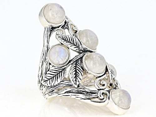 6MM AND 7MM ROUND CABOCHON RAINBOW MOONSTONE RHODIUM OVER STERLING SILVER LEAF AND VINE RING - Size 8