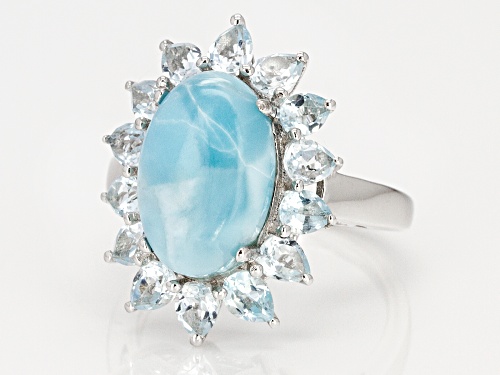 14x9mm Oval Larimar with 2.95ctw Pear Shape Glacier Topaz™ Rhodium Over Sterling Silver Ring - Size 8