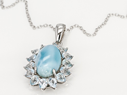 14x9mm Oval Larimar with 2.95ctw Pear Shape Glacier Topaz™ Rhodium Over Silver Pendant with Chain