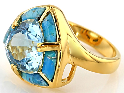 5.70ct Glacier Topaz(TM) with turquoise inlay 18k yellow gold over silver ring - Size 7