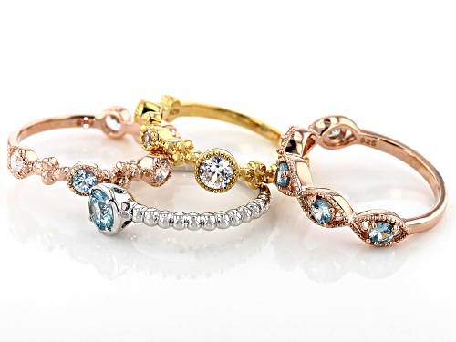 2.39ctw Round White & Blue Zircon Rhodium, 18k Rose & Yellow Gold Over Silver Stackable 4 Ring Set - Size 8