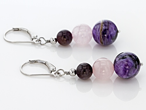 ROUND CHAROITE AND ROUND ROSE QUARTZ 3-BEAD RHODIUM OVER SILVER DANGLE EARRINGS