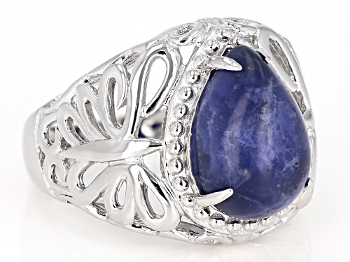 14x10MM PEAR SHAPE CABOCHON SODALITE RHODIUM OVER STERLING SILVER SOLITAIRE RING - Size 10