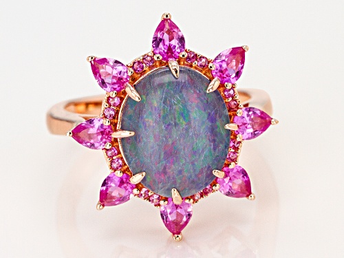 12x10mm Australian Opal Triplet and 1.30ctw Lab Created Pink Sapphire 18k Rose Gold Over Silver Ring - Size 9