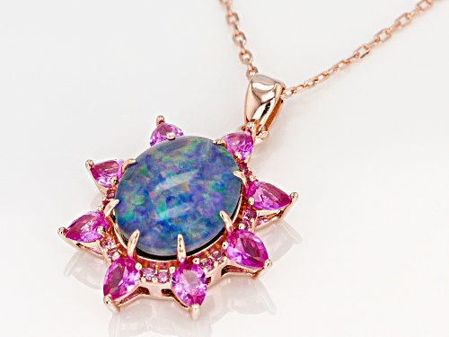 Australian Opal Triplet with 1.30ctw Lab Pink Sapphire 18k Rose Gold Over Silver Pendant with Chain