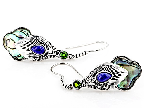 Pacific Style™ Abalone Shell, .49ctw Chrome & Lapis Rhodium Over Silver Peacock Feather Earrings