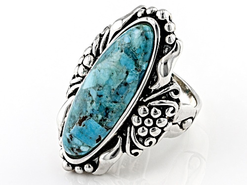Southwest Style by JTV™ 30x10mm elongated oval cabochon turquoise sterling silver floral ring - Size 8