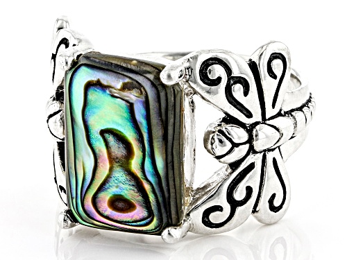 Pacific Style™ 14x10mm Rectangular Abalone Shell Rhodium Over Sterling Silver Dragonfly Ring - Size 8