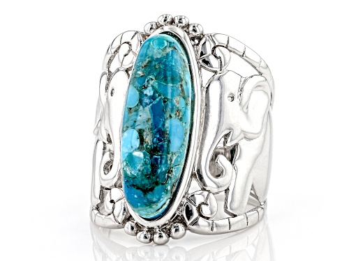 21X7MM OVAL CABOCHON TURQUOISE SOLITAIRE RHODIUM OVER SILVER ELEPHANT DETAIL RING - Size 8