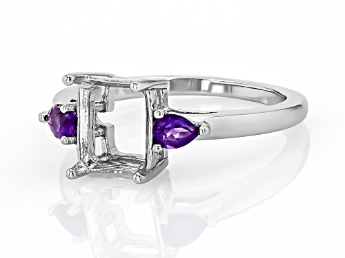 Semi-Mount 9x7mm Emerald Cut Rhodium Plated Sterling Silver Ring with Amethyst Accent 0.26Ctw - Size 7