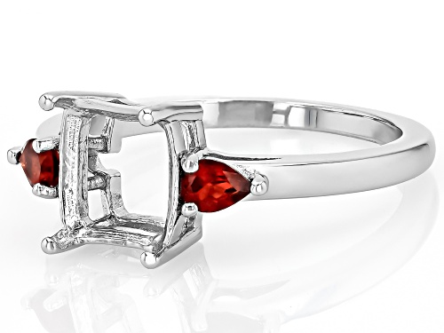 Semi-Mount 9x7mm Emerald Cut Rhodium Plated Sterling Silver Ring with Red Garnet Accent 0.32Ctw - Size 9