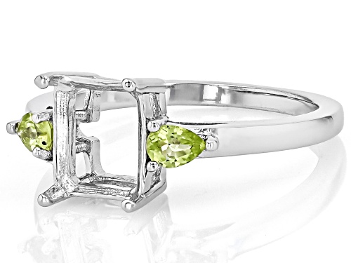 Semi-Mount 9x7mm Emerald Cut Rhodium Plated Sterling Silver Ring with Peridot Accent 0.27Ctw - Size 8