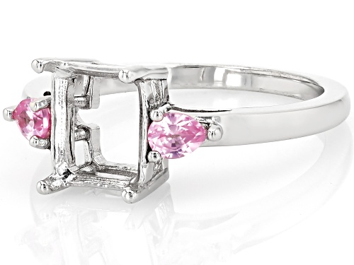 Semi-Mount 9x7mm Emerald Cut Rhodium Plated Sterling Silver Ring with Pink Spinel Accent 0.21Ctw - Size 9