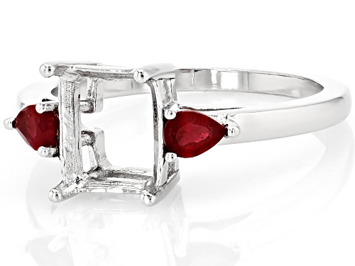 Semi-Mount 9x7mm Emerald Cut Rhodium Plated Sterling Silver Ring with Fissure Filled Ruby Accent - Size 8