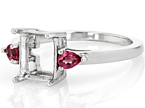 Semi-Mount 9x7mm Emerald Cut Rhodium Plated Sterling Silver Ring with Garnet Accent 0.26Ctw - Size 10