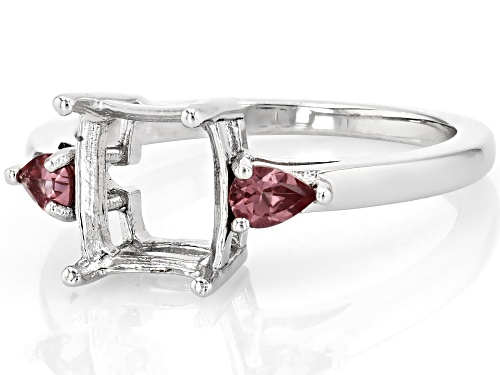 Semi-Mount 9x7mm Emerald Cut Rhodium Plated Sterling Silver Ring with Garnet Accent 0.27Ctw - Size 10