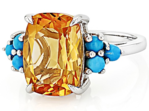 Yellow Citrine 14x10mm and Sleeping Beauty Turquoise Rhodium Over Sterling Silver Ring 5.20ctw - Size 7.5