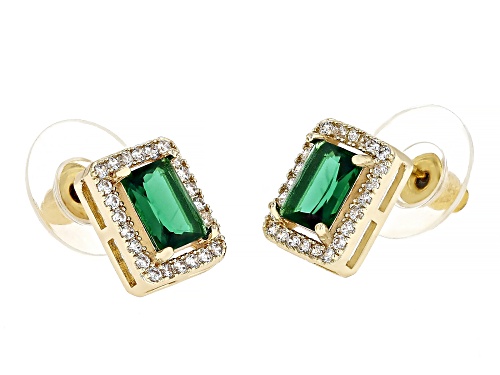 Green Glass & Cubic Zirconia Copper Earrings Gold Tone Plated