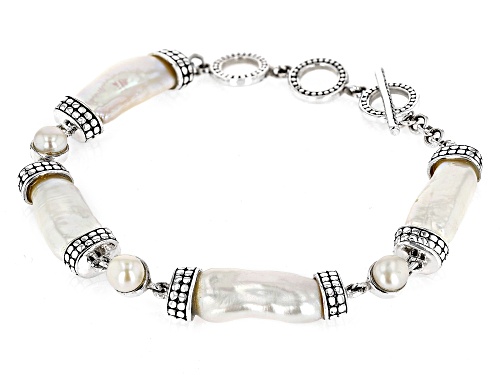 5.5-6mm and Free Form White Cultured Freshwater Pearl Rhodium Over Sterling Silver Line Bracelet - Size 7
