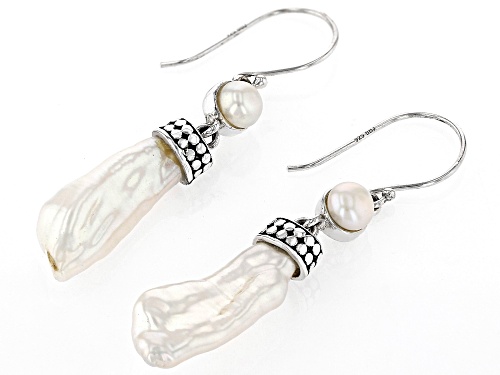 5.5-6mm and free form White Cultured Freshwater Pearl Rhodium over Sterling Silver Dangle Earring