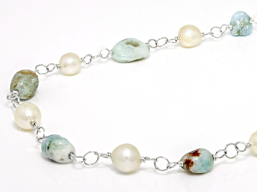 8x6mm Cultured Freshwater Pearl with 8x5mm Larimar Rhodium Over Sterling Silver Necklace - Size 30