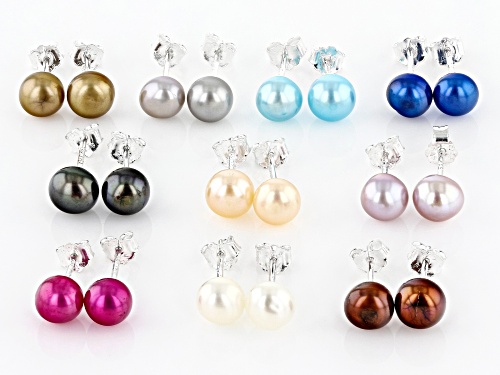 Multi-Color Cultured Freshwater Pearl Sterling Silver Earring Set Of 10