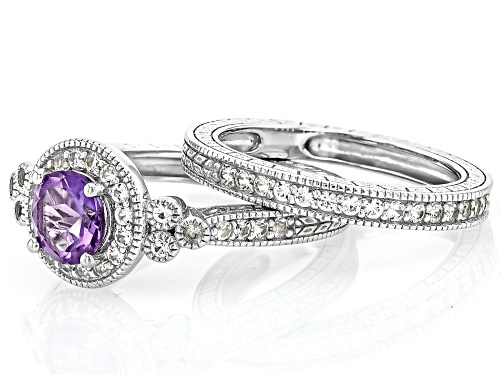 Brazilian Amethyst Round 7mm and Lab White Sapphire Platinum Over Sterling Silver Ring Set 1.97ctw - Size 8