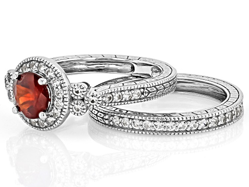 Red Hessonite Round 7mm and Lab White Sapphire Platinum Over Sterling Silver Ring Set 2.11ctw - Size 7