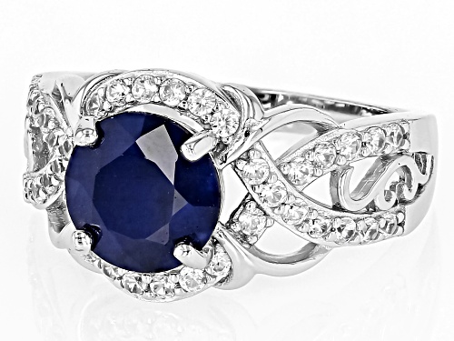 Blue Sapphire and white Zircon Rhodium Over Sterling Silver Ring 3.50CTW - Size 8