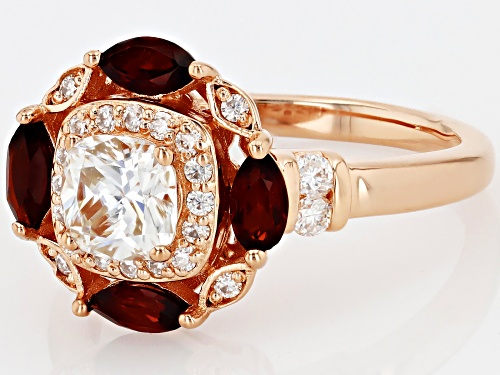 Moissanite Cushion 5.5mm and Red Garnet 18K Rose Gold Over Sterling Silver Ring 1.80ctw - Size 7