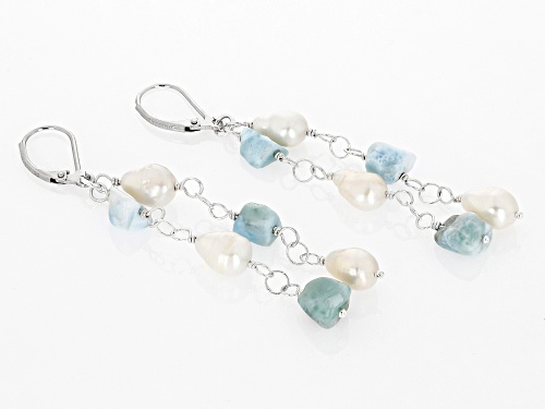 White Cultured Freshwater Baroque Pearl With Free-Form Larimar Rhodium Over Silver Dangle Earrings