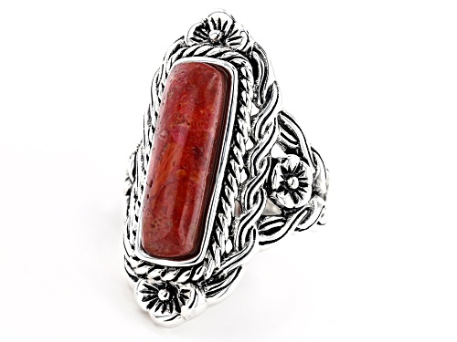 Red Sponge Coral Rectangular 20x6mm Sterling Silver Ring - Size 8