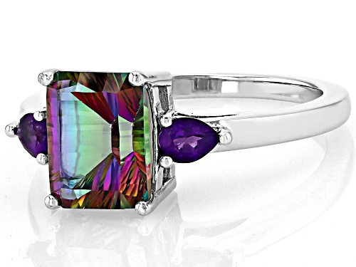 Mystic Topaz Octagon 9x7mm and Amethyst Rhodium Over Sterling Silver Ring 2.72ctw - Size 8