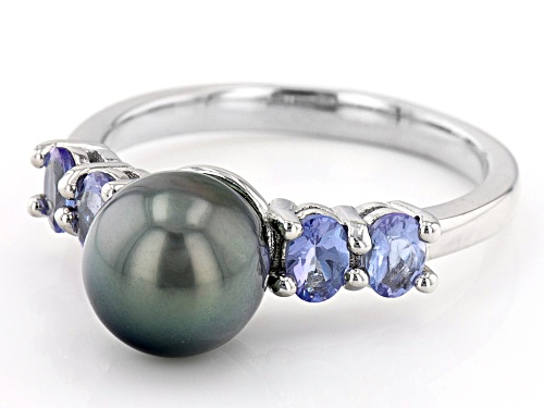 8.5-9mm Cultured Tahitian Pearl & Tanzanite Rhodium Over Sterling Silver Ring - Size 7