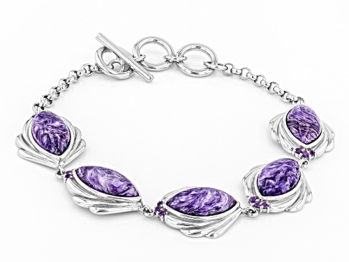 16X8MM MARQUISE CHAROITE AND .25CTW AFRICAN AMETHYST RHODIUM OVER SILVER BRACELET - Size 7.5